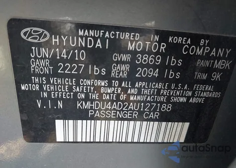 2010 Hyundai Elantra Gls из США, поврежденный, VIN KMHDU4AD2AU127188